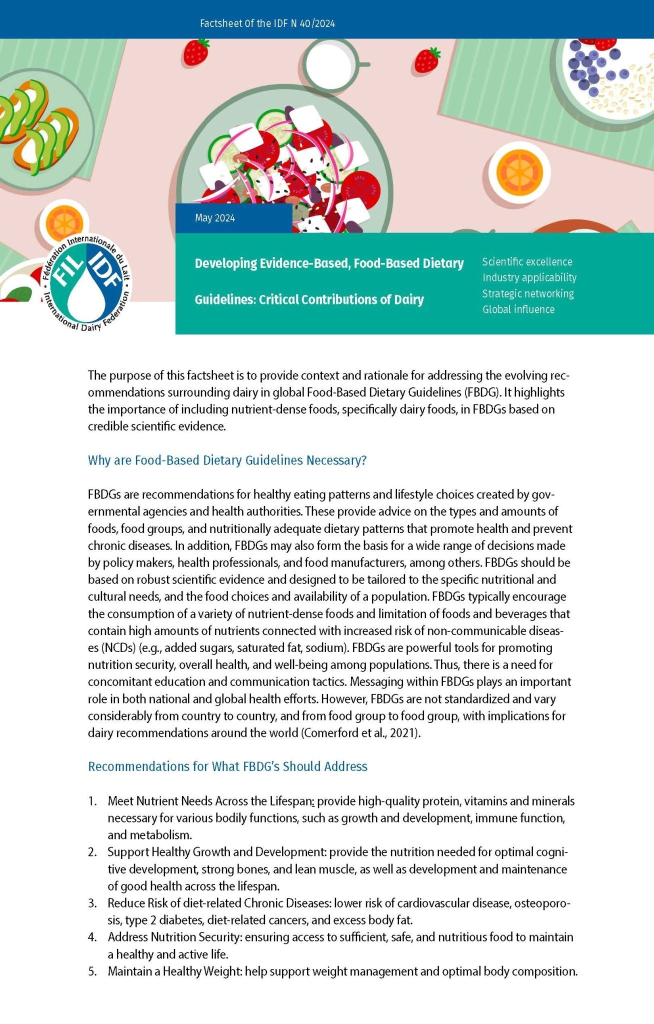 Factsheet of the IDF N° 40/2024: Developing Evidence-Based, Food-Based Dietary Guidelines: Critical Contributions of Dairy - FIL-IDF