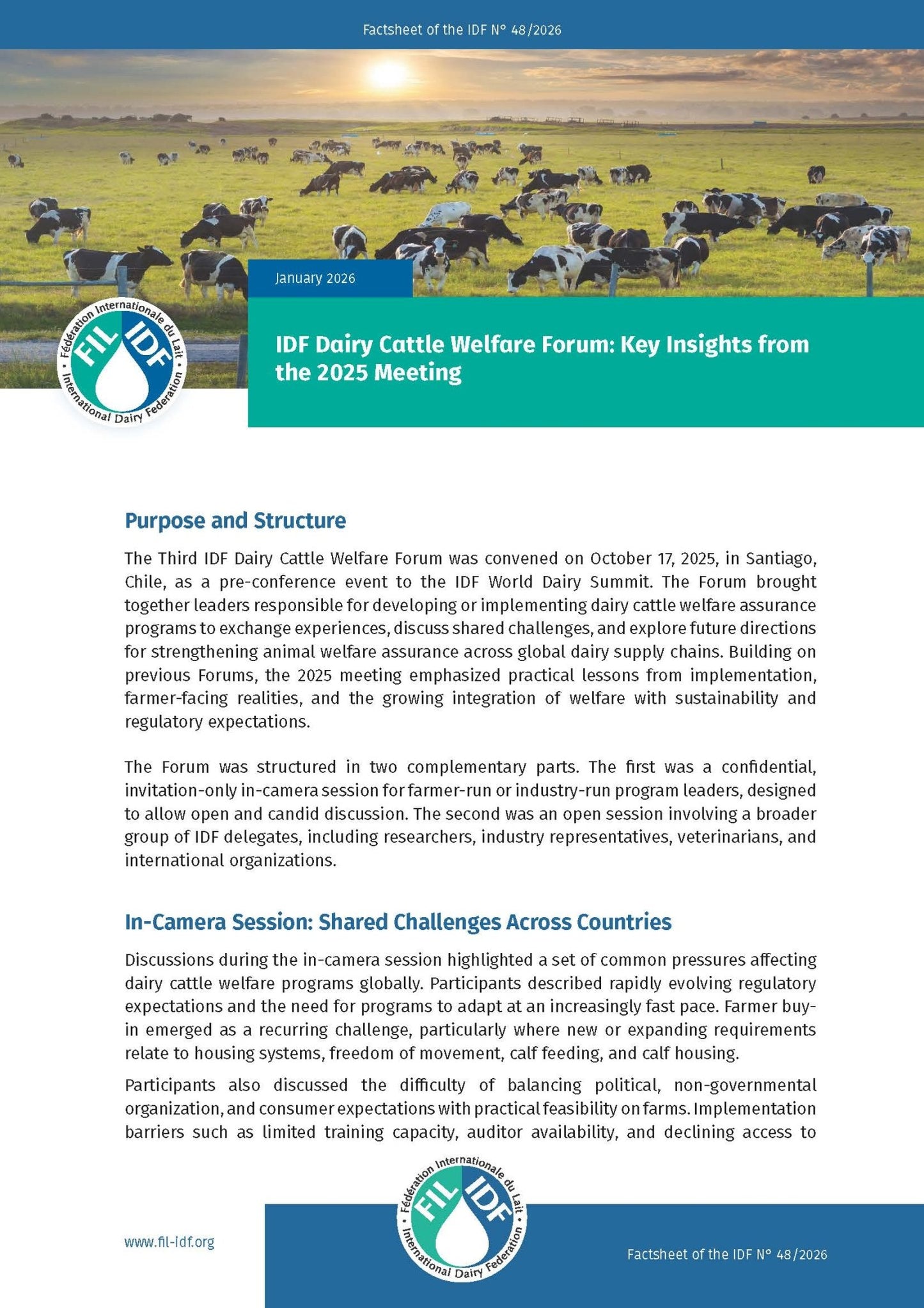 Factsheet of the IDF N°48/2026: IDF Dairy Cattle Welfare Forum: Key Insights from the 2025 Meeting - FIL - IDF