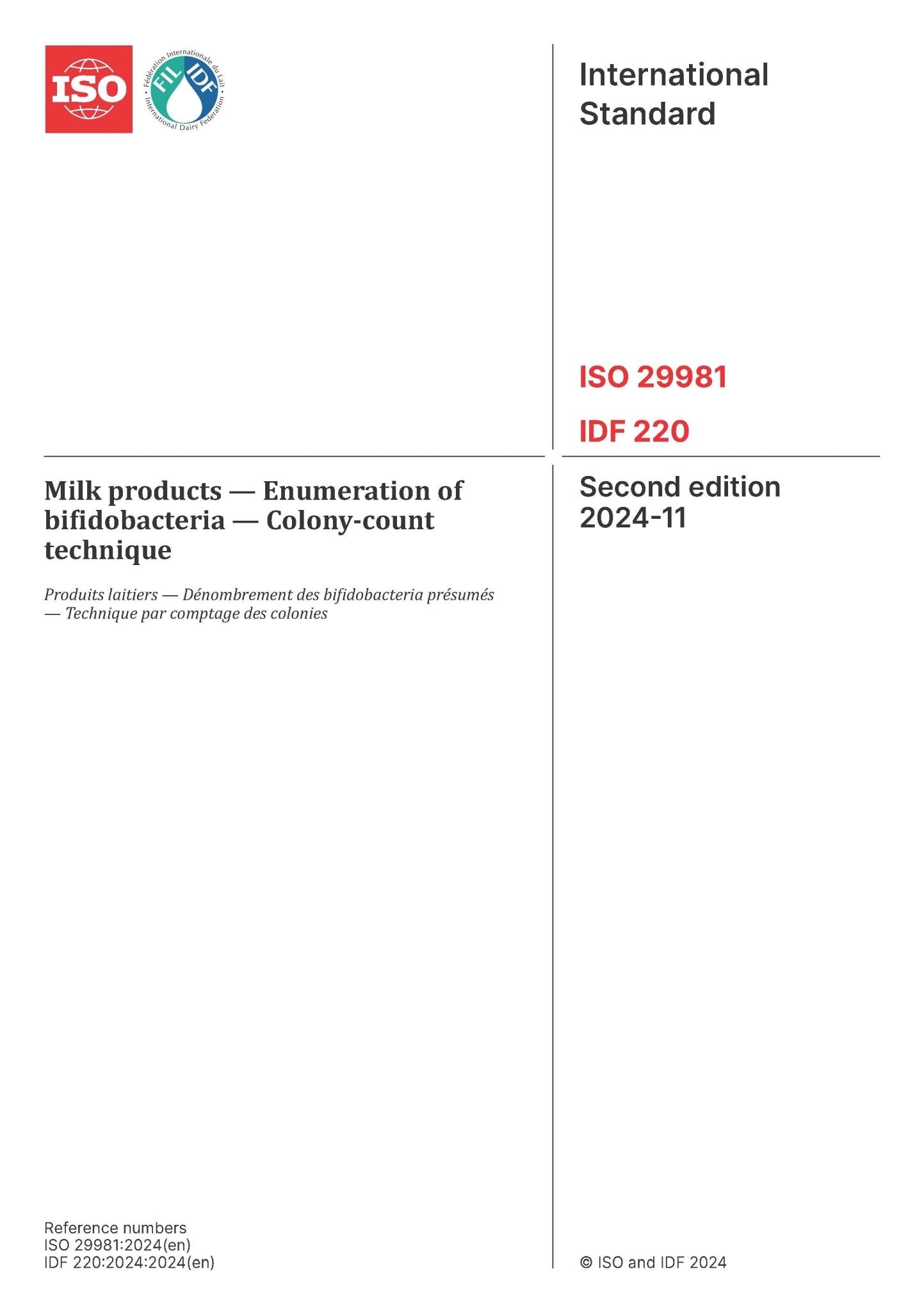 ISO 29981 | IDF 220: 2024 - Milk products — Enumeration of bifidobacteria — Colony - count technique - FIL - IDF