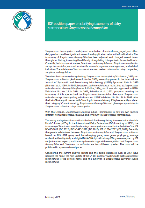IDF position paper on clarifying taxonomy of dairy starter culture Streptococcus thermophilus - FIL-IDF