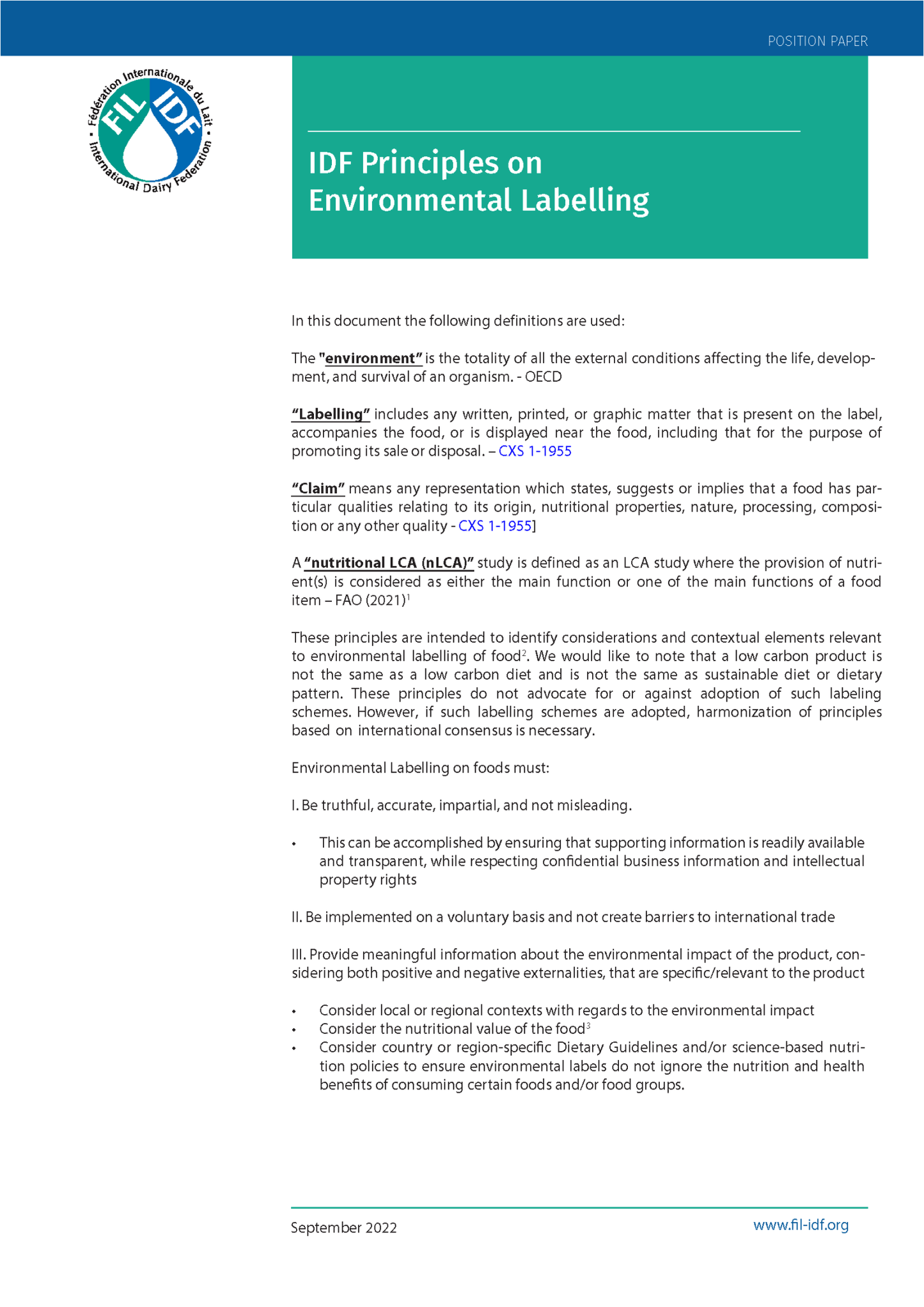 IDF Principles on Environmental Labelling - FIL-IDF