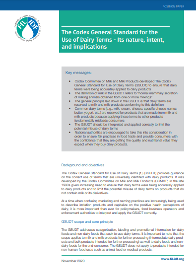 Position paper: The Codex General Standard for the Use of Dairy Terms - FIL-IDF