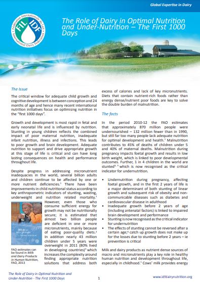 The role of dairy in optimal and under nutrition - the first 1000 days - FIL-IDF