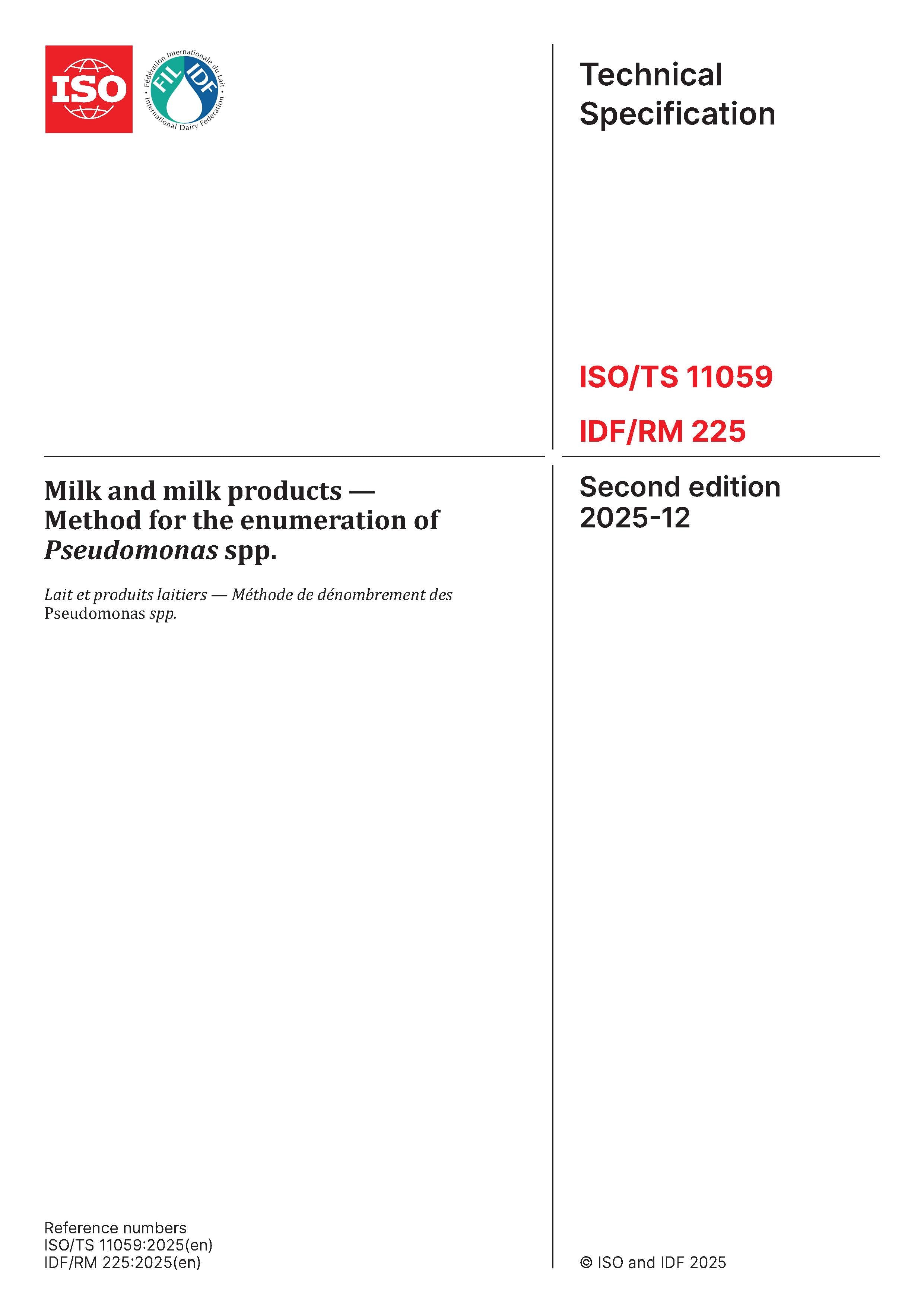 ISO/TS 11059 | IDF/RM  225:2025 - Milk and milk products — Method for the enumeration of Pseudomonas spp.