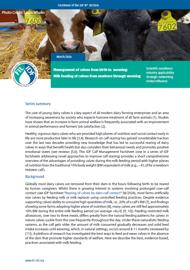 Factsheet of the IDF N° 39/2024: Management of calves from birth to weaning: Milk feeding of calves from newborn through weaning - FIL-IDF