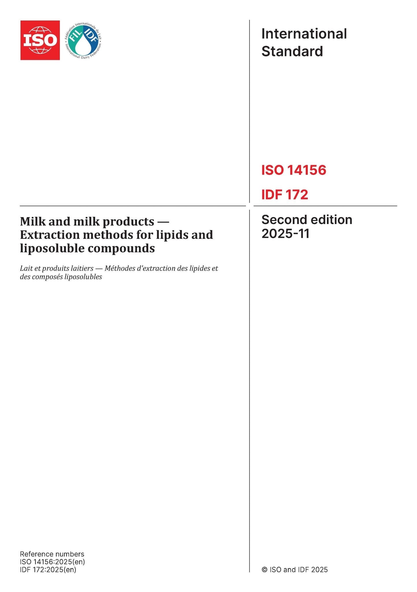 ISO 14156 | IDF 172: 2025 - Milk and milk products — Extraction methods for lipids and liposoluble compounds - FIL - IDF