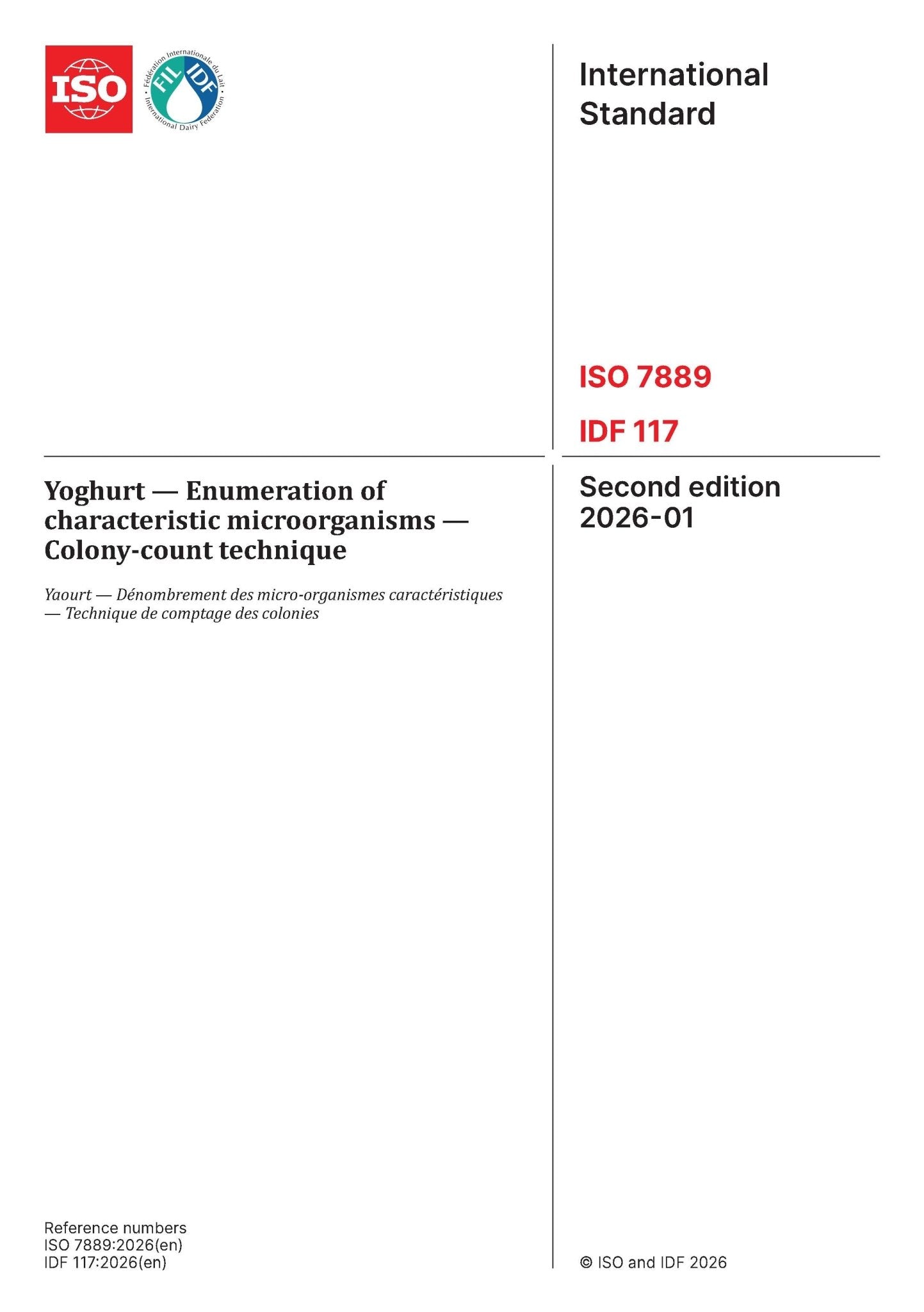 ISO 7889 | IDF 117: 2026 - Yoghurt — Enumeration of characteristic microorganisms — Colony - count technique - FIL - IDF