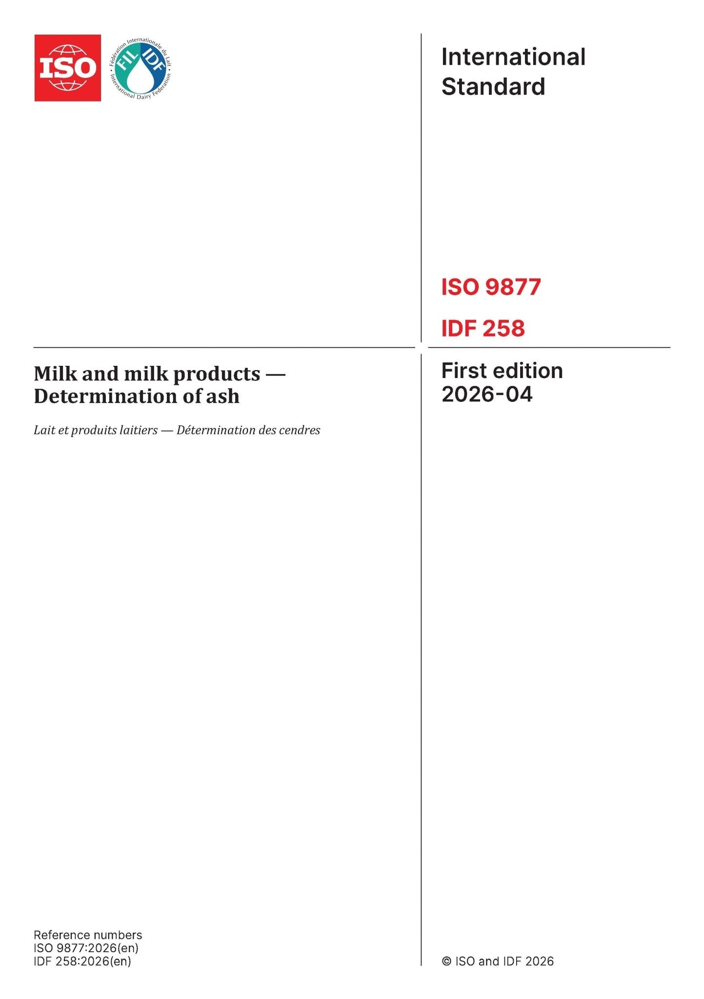 ISO 9877 | IDF 258: 2026 - Milk and milk products — Determination of ash - FIL - IDF