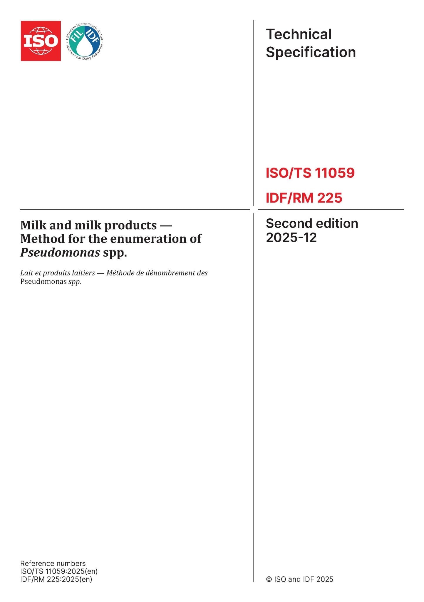 ISO/TS 11059 | IDF/RM 225:2025 - Milk and milk products — Method for the enumeration of Pseudomonas spp. - FIL - IDF