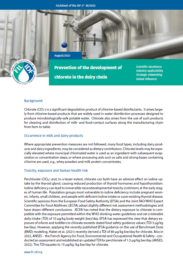 Factsheet of the IDF N° 28/2023: Prevention of the development of chlorate in the dairy chain - FIL-IDF