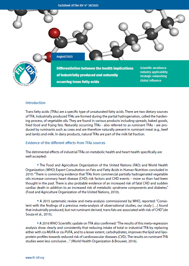 Factsheet of the IDF N° 29/2023: Differentiation between the health implications of industrially produced and naturally occurring trans fatty acids - FIL-IDF