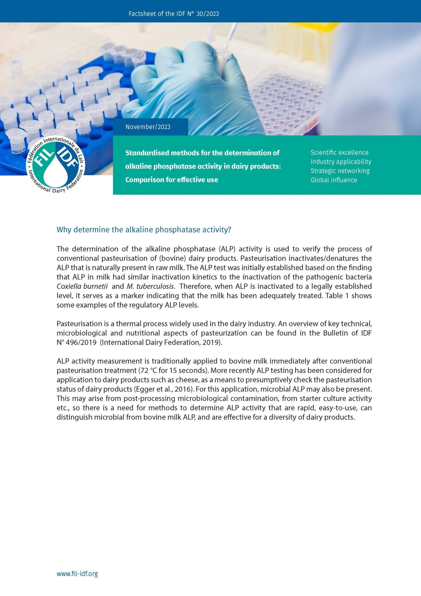 Factsheet of the IDF N° 30/2023: Standardized methods for the determination of alkaline phosphatase activity in dairy products: Comparison for effective use - FIL-IDF