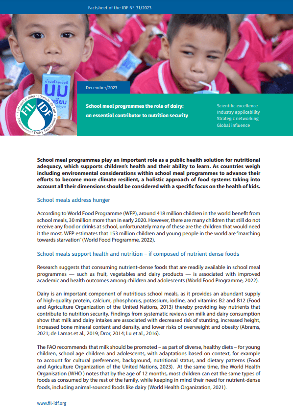 Factsheet of the IDF N° 31/2023: School meal programmes the role of dairy: an essential contributor to nutrition security - FIL-IDF