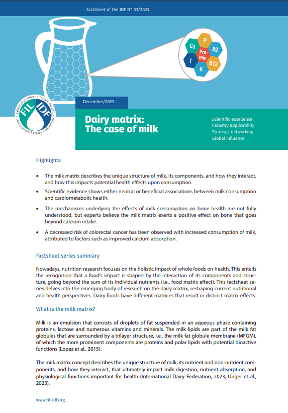 Factsheet of the IDF N° 33/2023: Dairy matrix: The case of milk - FIL-IDF