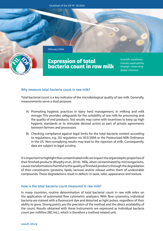 Factsheet of the IDF N° 36/2024: Expression of total bacteria count in raw milk - FIL-IDF