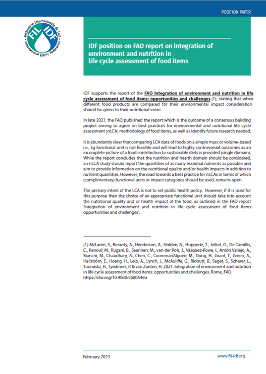 IDF position on FAO report on integration of environment and nutrition in life cycle assessment of food items - FIL-IDF