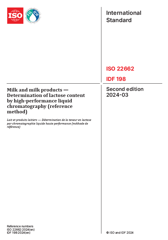 ISO 22662 | IDF 198: 2024 - Milk and milk products - Determination of lactose content by high-performance liquid chromatography (reference method) - FIL-IDF